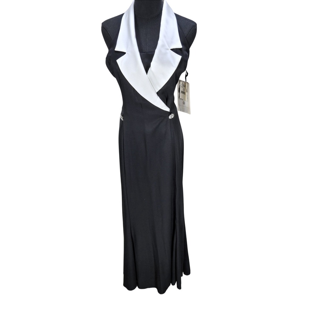 Women's VTG NWT Scott Jessica McClintock Size 12 Black Tuxedo Halter Maxi Dress